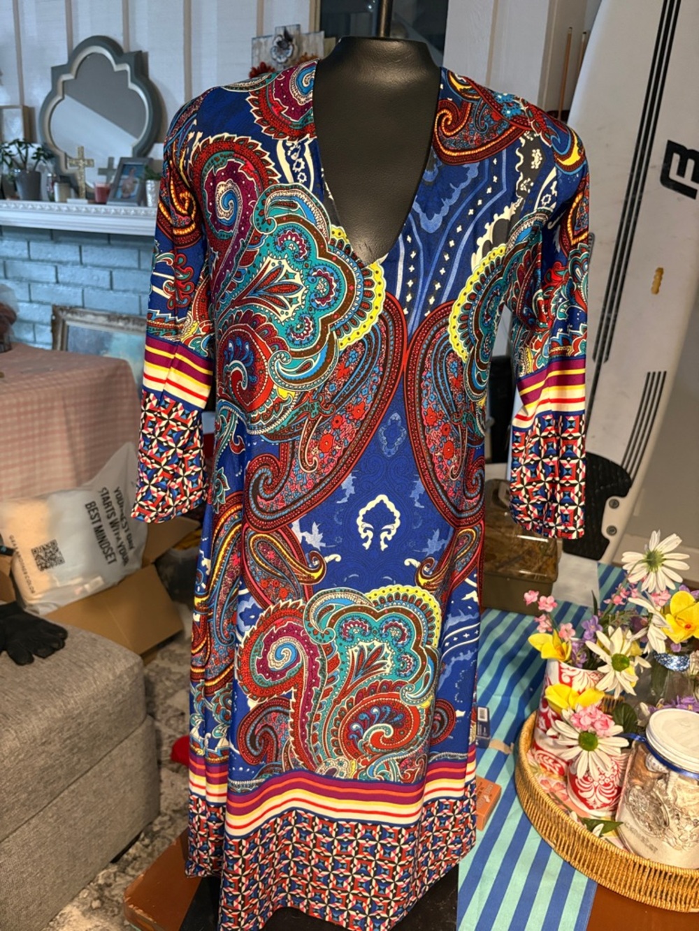 Vibrant Blue Paisley V-Neck Women's Dress